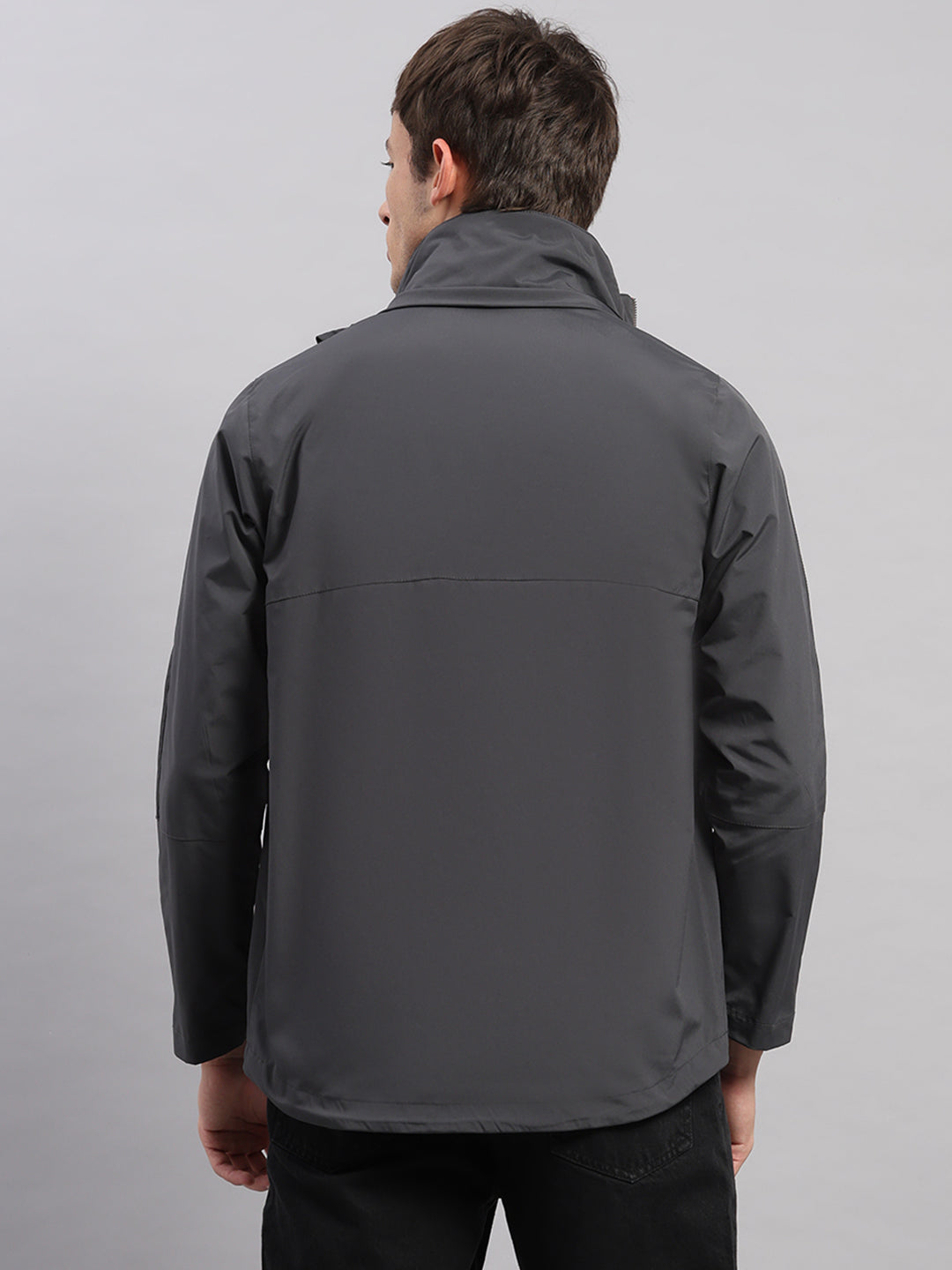 Men Grey Solid Hooded Full Sleeve Jacket