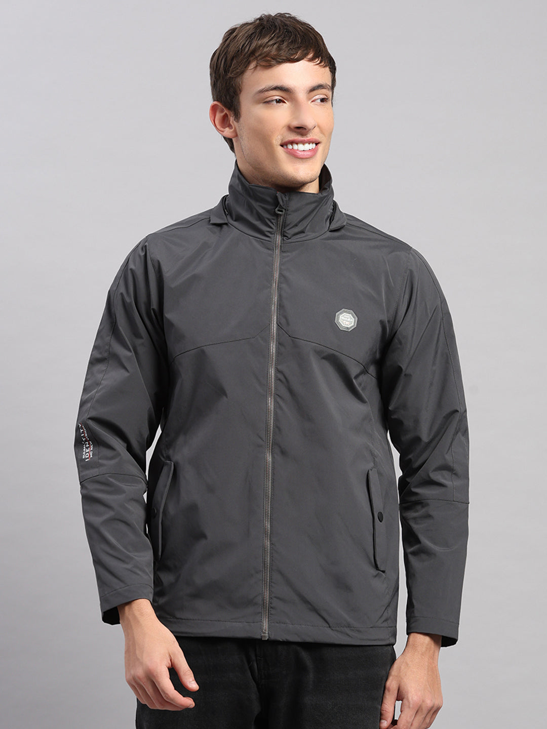 Men Grey Solid Hooded Full Sleeve Jacket