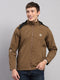 Men Brown Solid Hooded Full Sleeve Jacket
