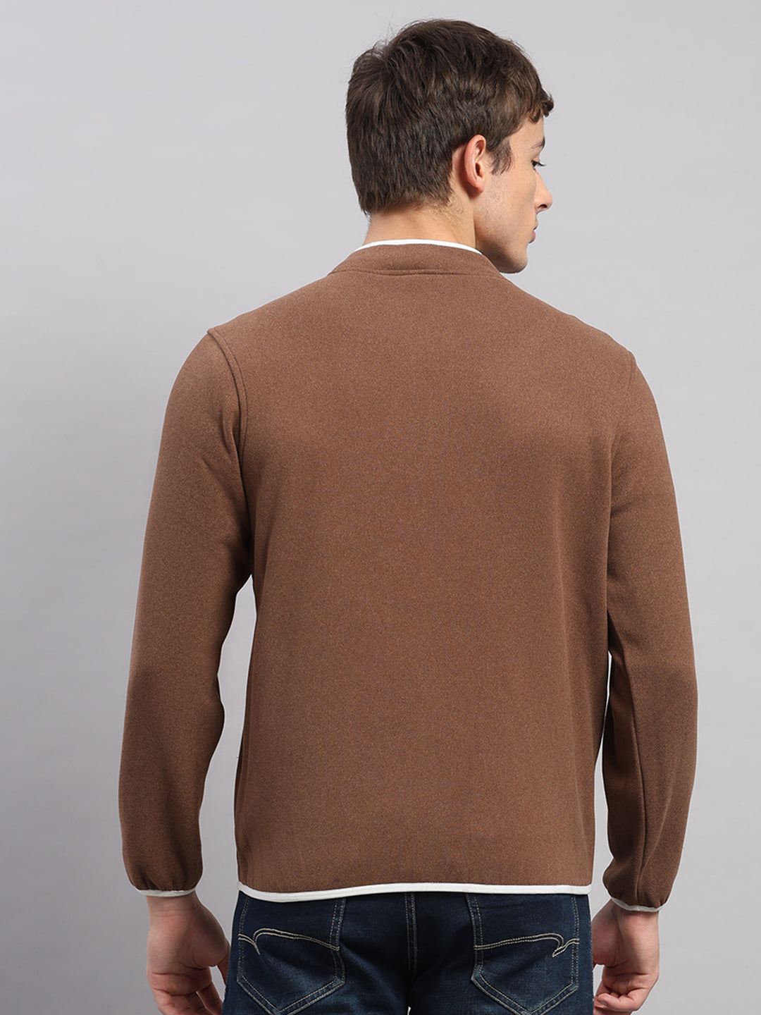 Men Brown Solid Hooded Full Sleeve Jacket