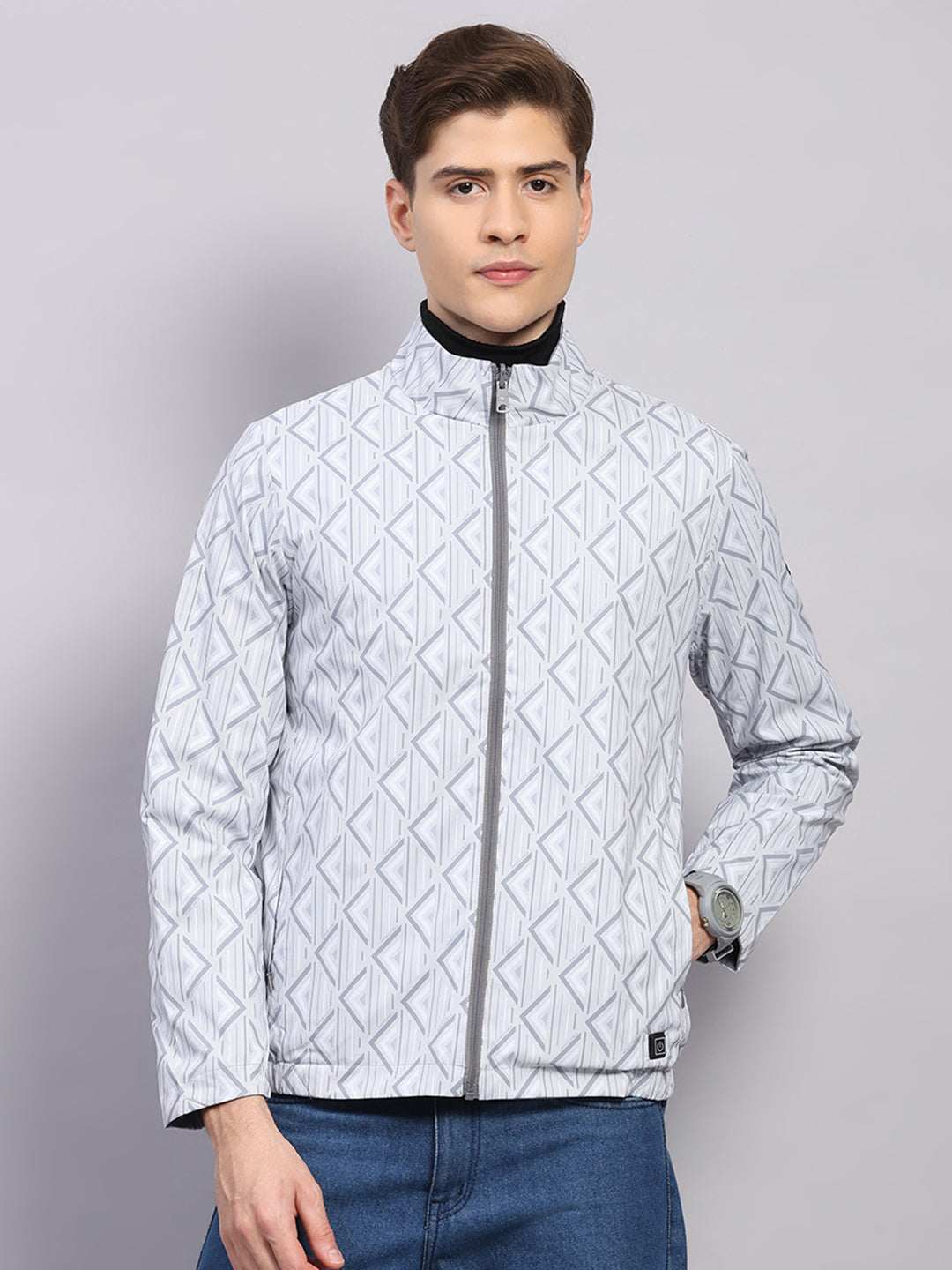 Men Grey Solid Hooded Full Sleeve Reversible Jacket