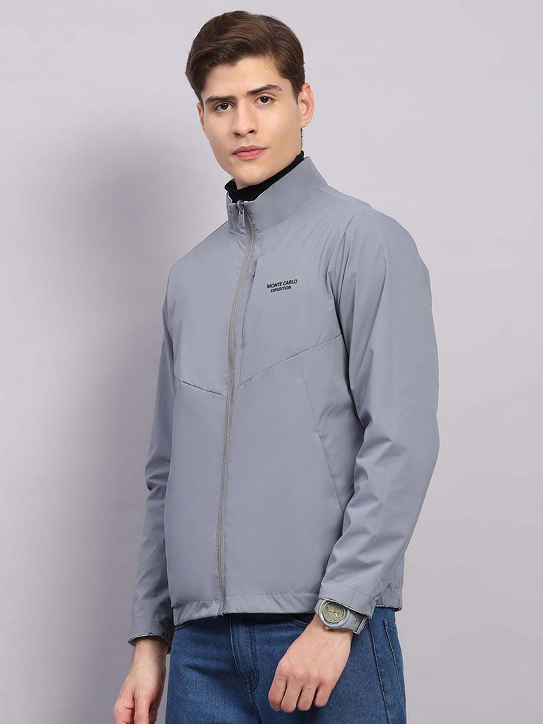 Men Grey Solid Hooded Full Sleeve Reversible Jacket