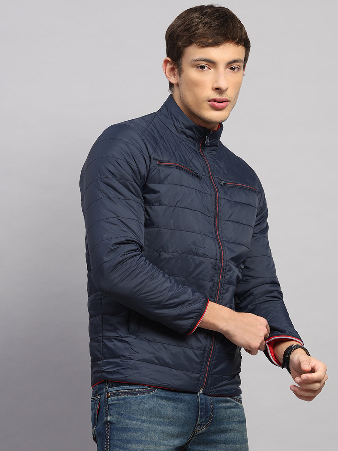 Men Navy Blue Solid Collar Full Sleeve Jacket