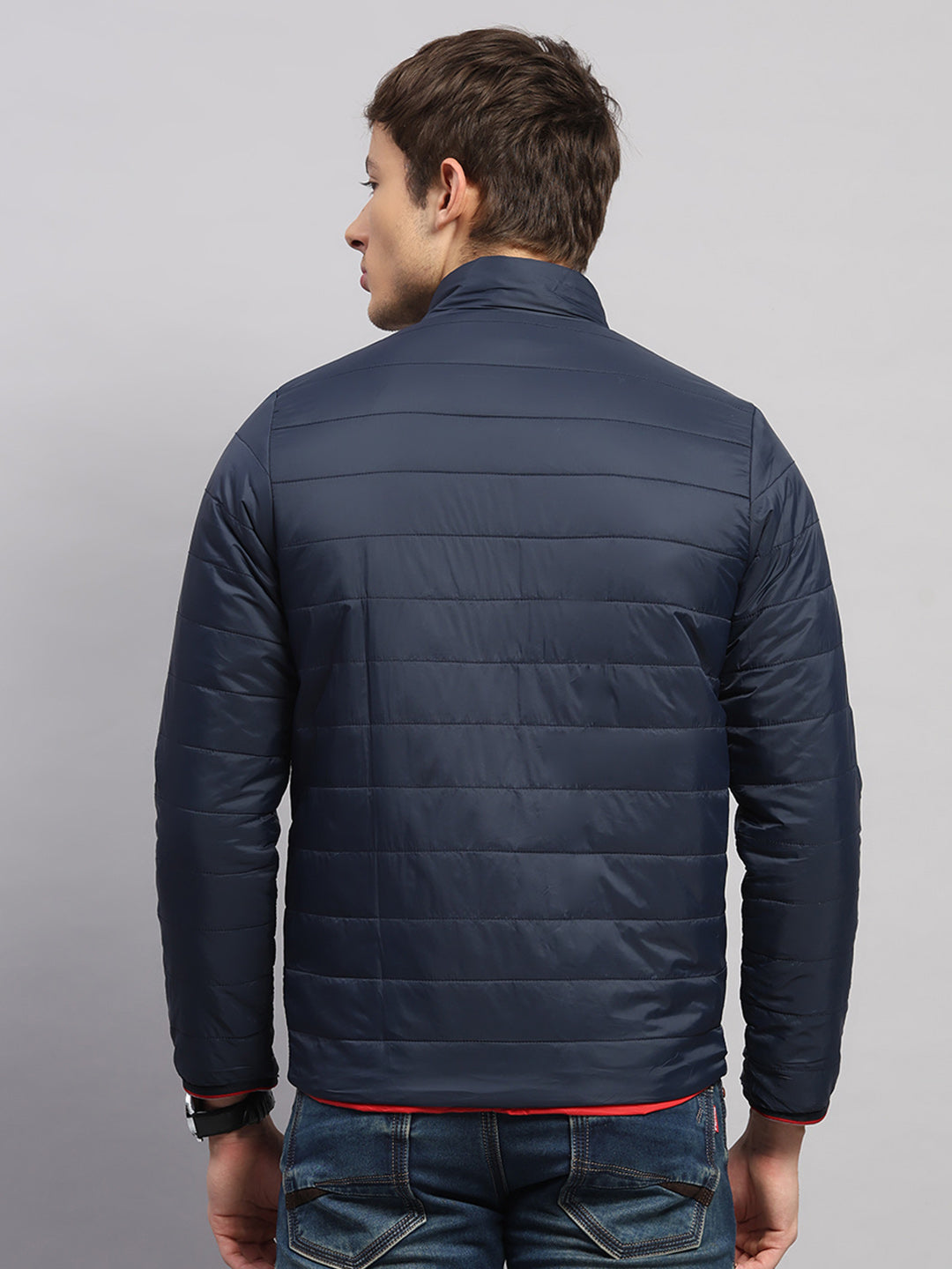 Men Navy Blue Solid Collar Full Sleeve Jacket