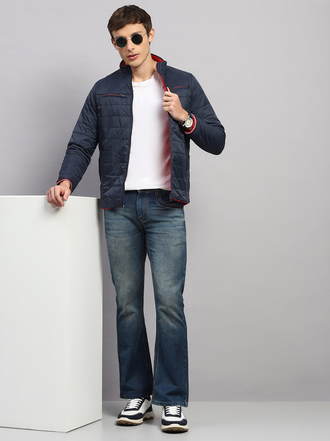 Men Navy Blue Solid Collar Full Sleeve Reversible Jacket