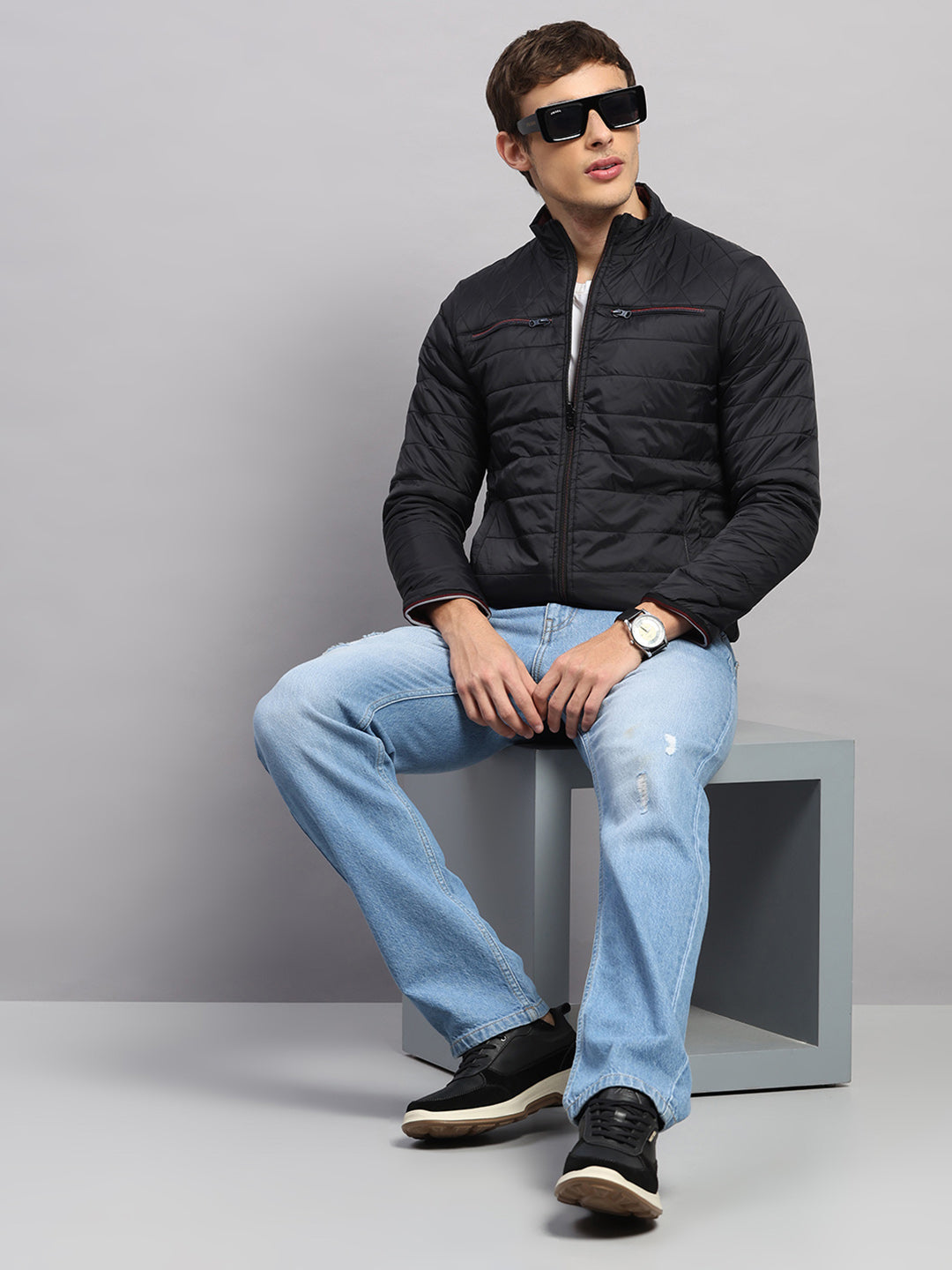 Men Black Solid Collar Full Sleeve Reversible Jacket