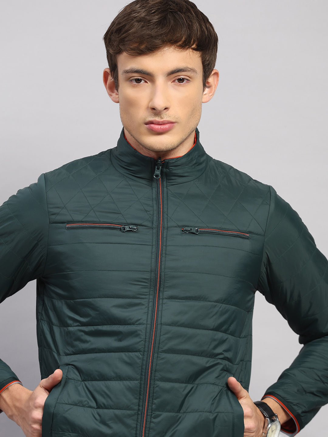 Men Olive Solid Collar Full Sleeve Reversible Jacket