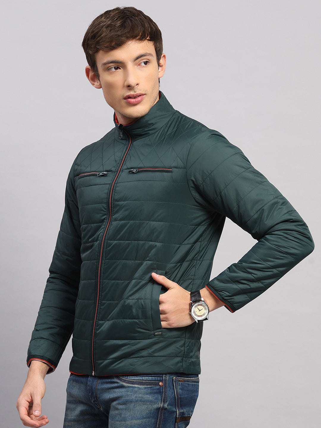 Men Olive Solid Collar Full Sleeve Reversible Jacket
