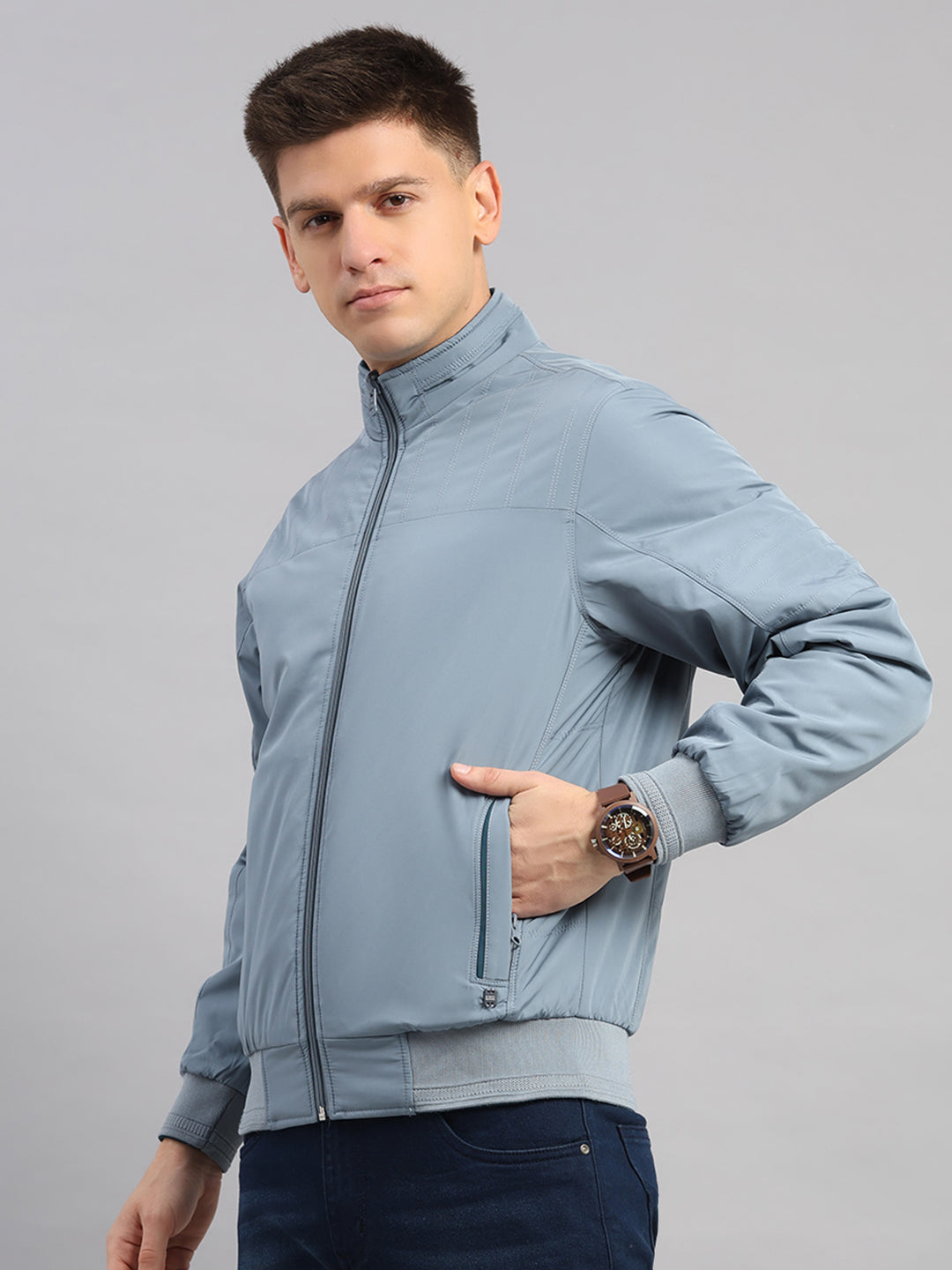 Men Grey Solid Collar Full Sleeve Reversible Jacket