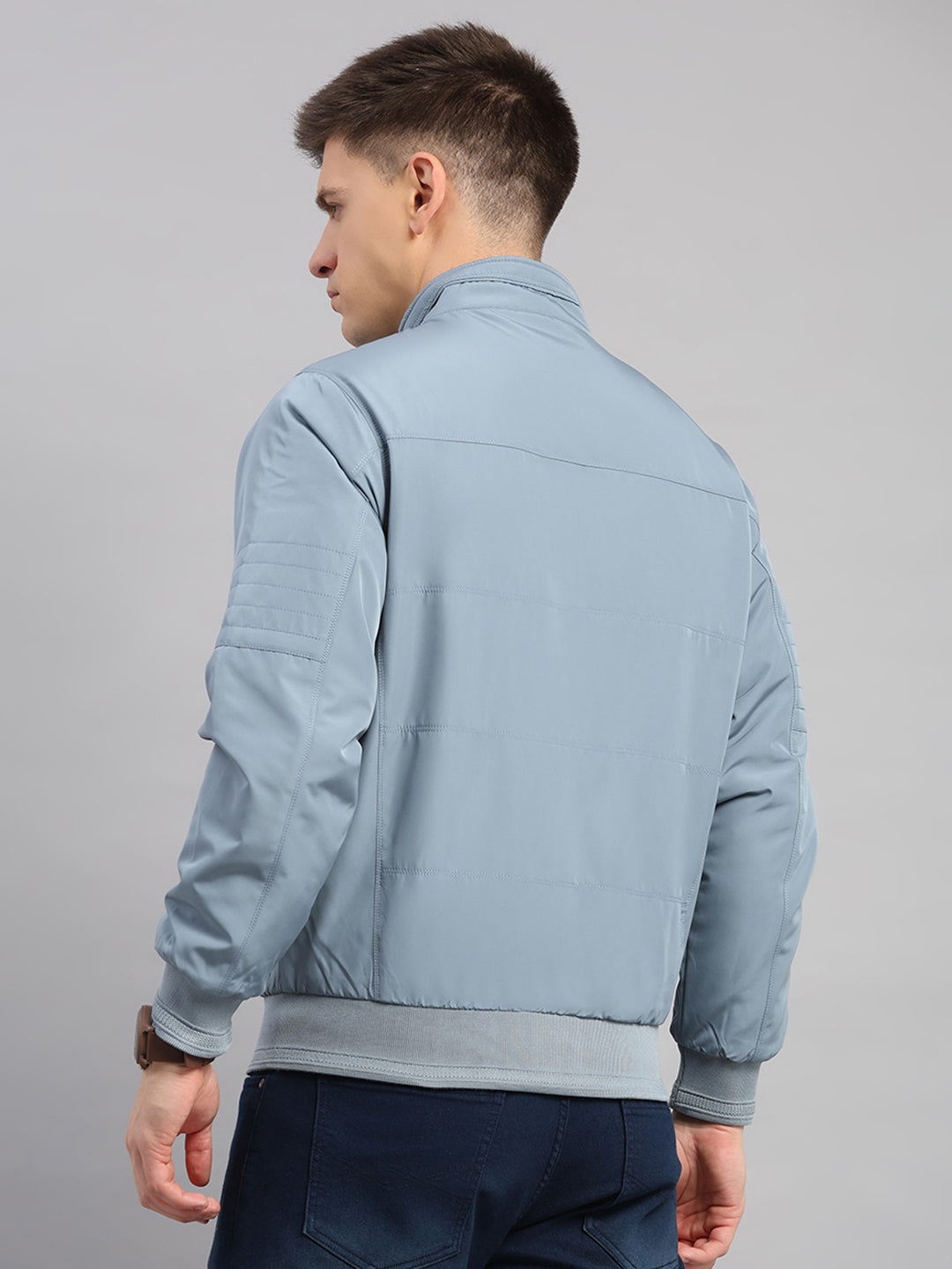 Men Grey Solid Collar Full Sleeve Reversible Jacket