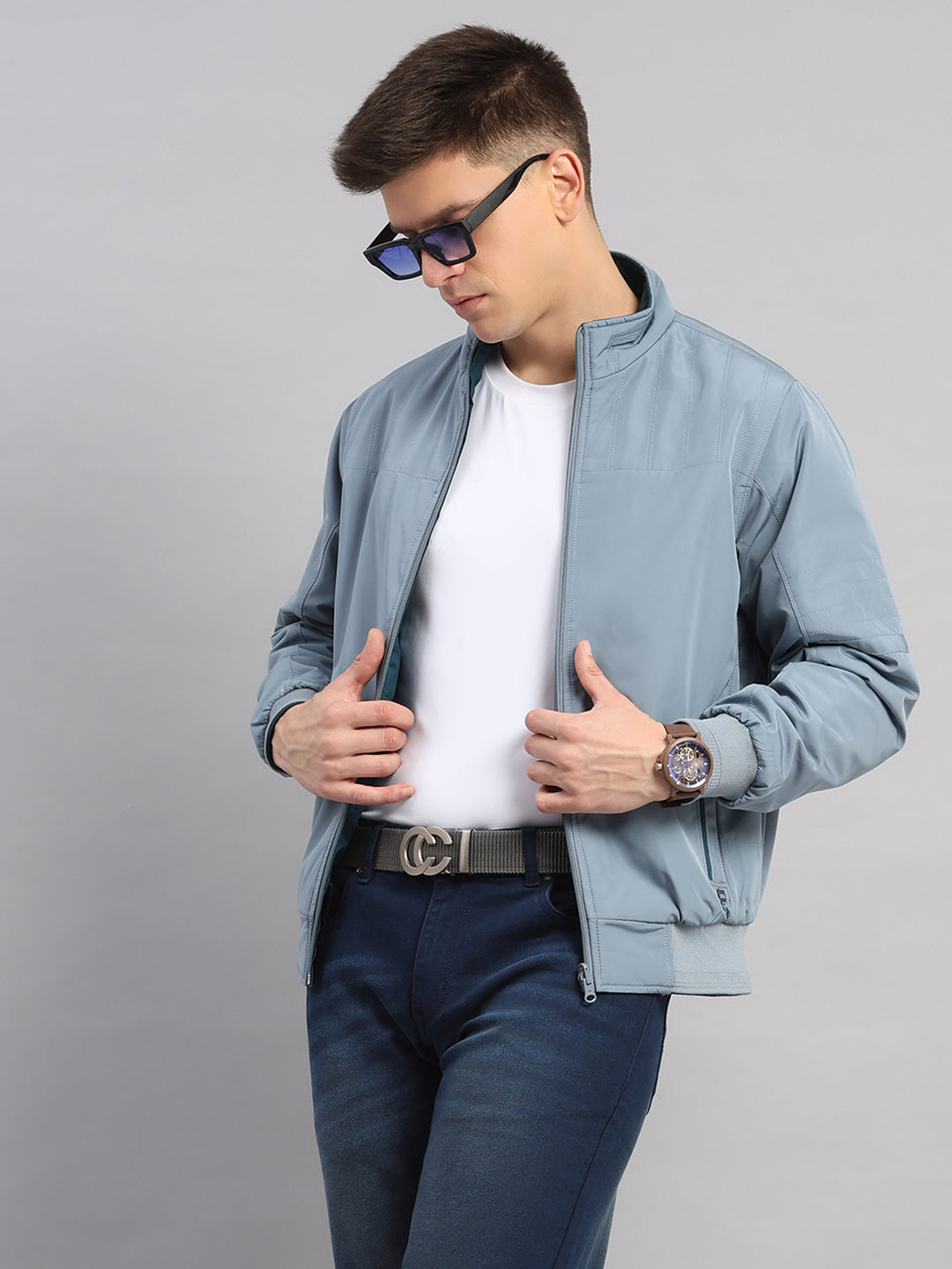 Men Grey Solid Collar Full Sleeve Reversible Jacket