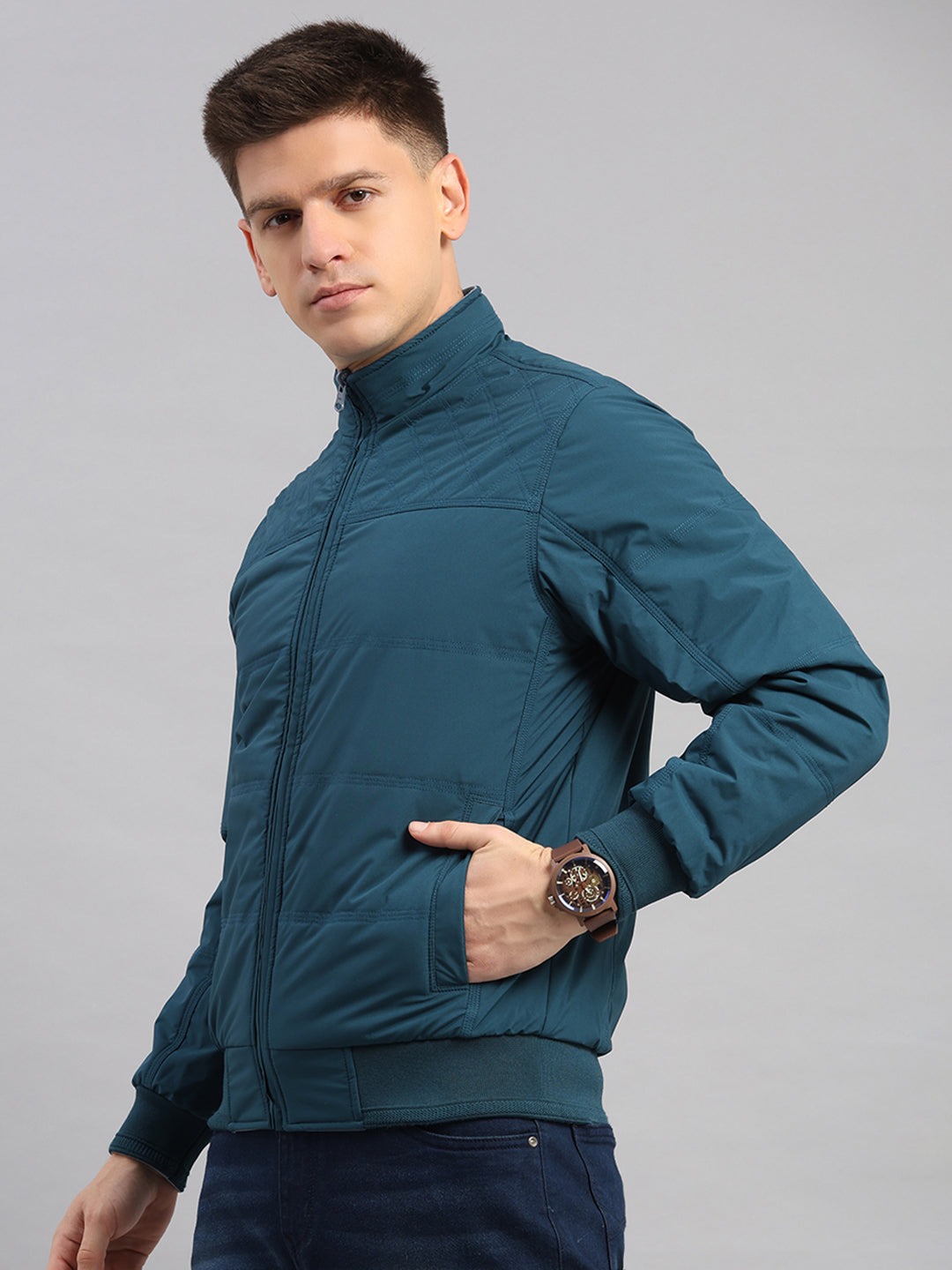 Men Grey Solid Collar Full Sleeve Reversible Jacket