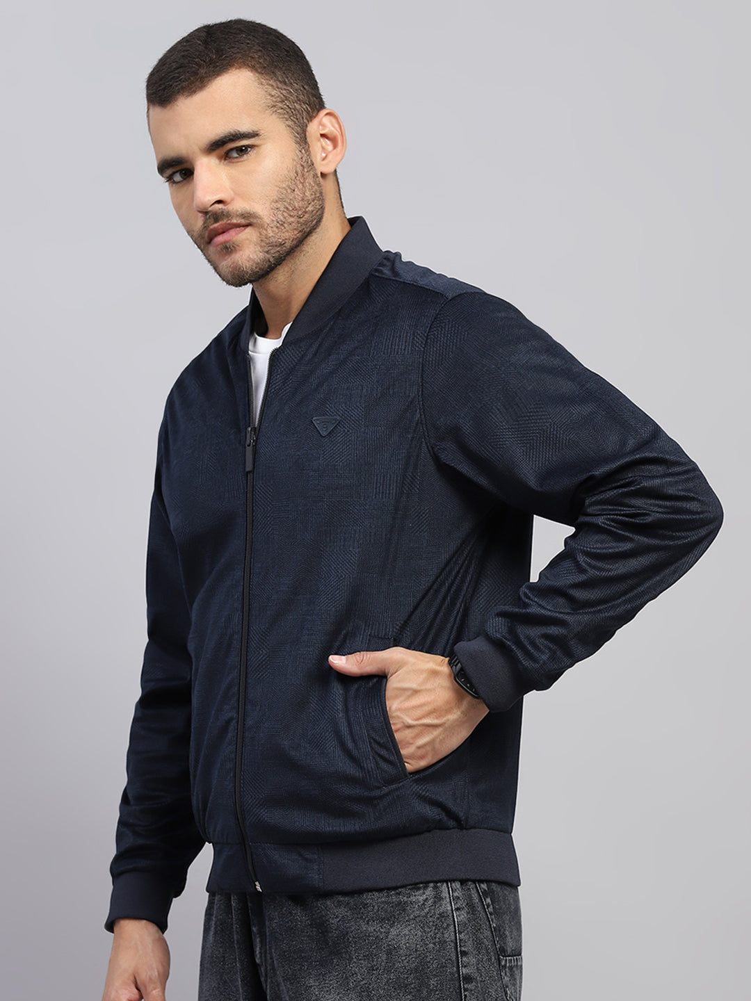 Men Navy Blue Solid Collar Full Sleeve Reversible Jacket