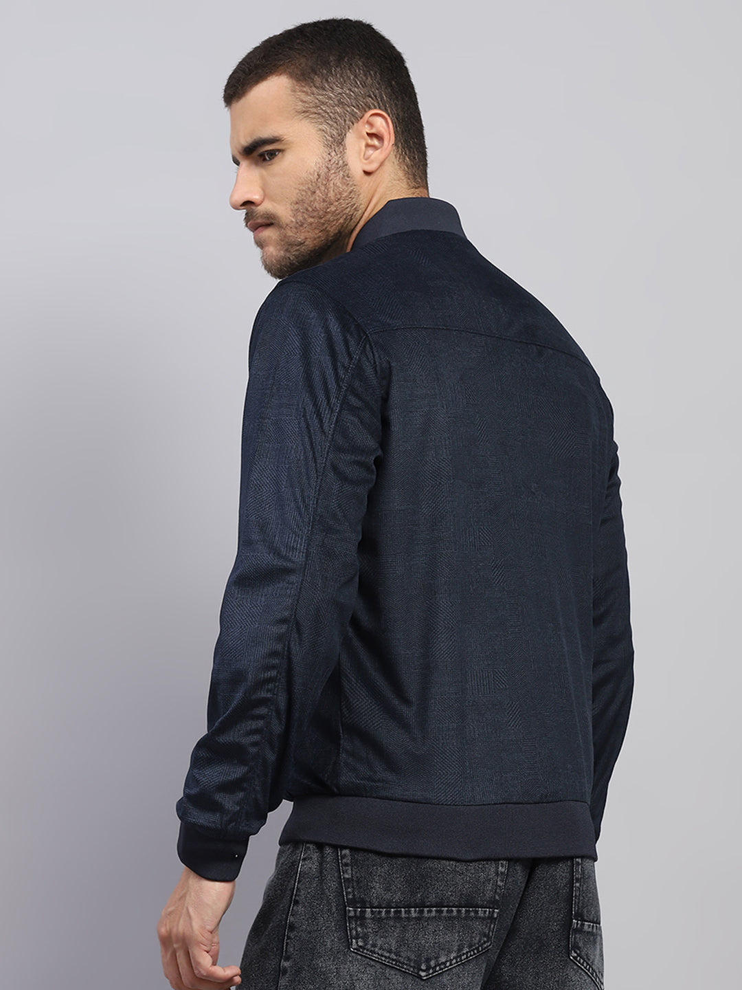 Men Navy Blue Solid Collar Full Sleeve Reversible Jacket