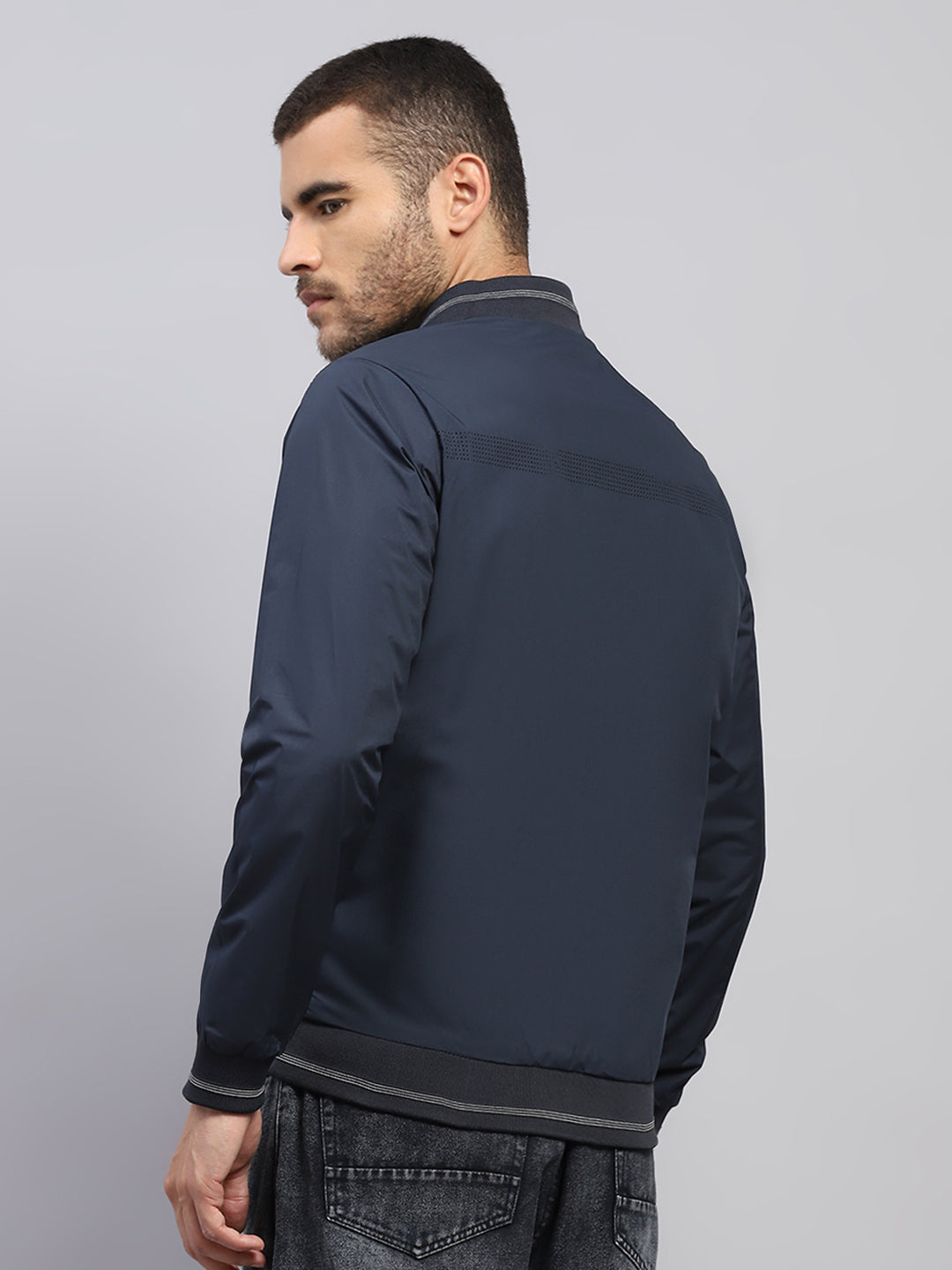 Men Navy Blue Solid Collar Full Sleeve Reversible Jacket