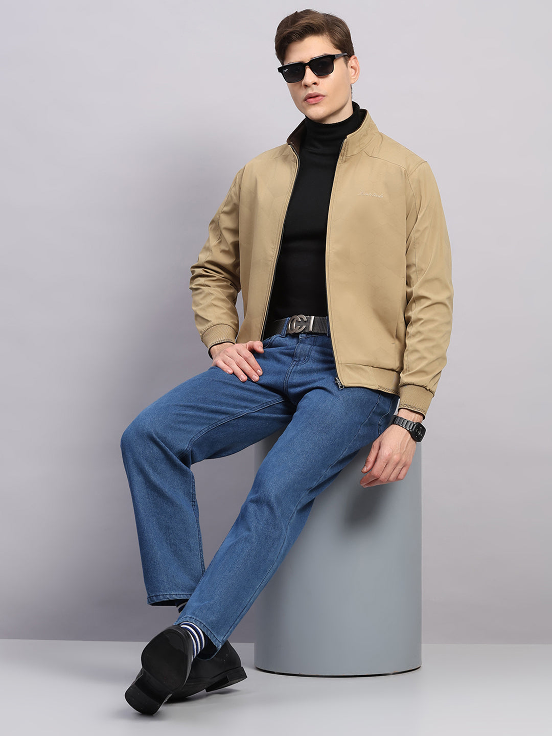 Men Khaki Solid Collar Full Sleeve Reversible Jacket