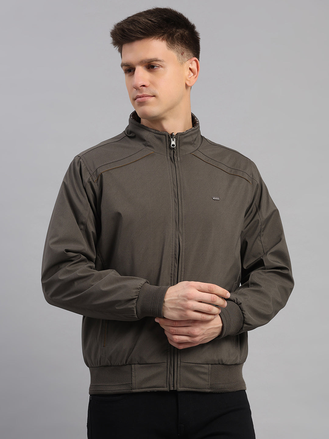 Men Grey Solid Collar Full Sleeve Reversible Jacket