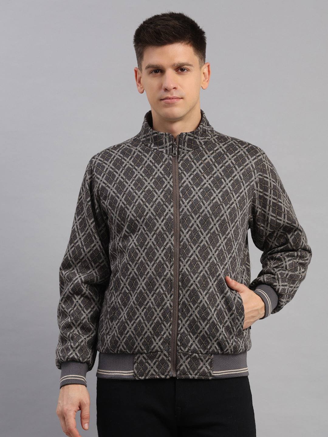 Men Grey Solid Collar Full Sleeve Reversible Jacket