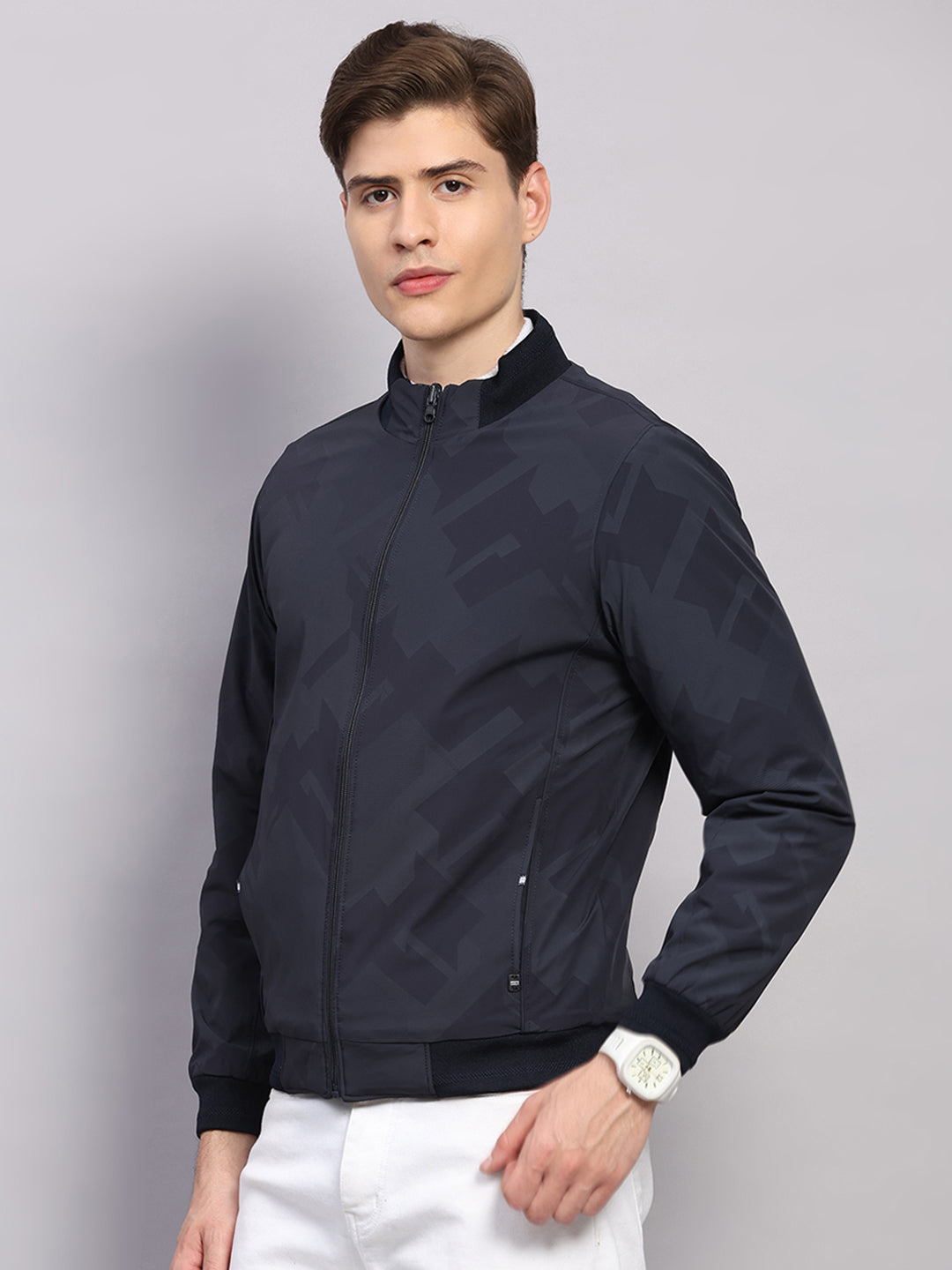 Men Navy Blue Solid Collar Full Sleeve Reversible Jacket