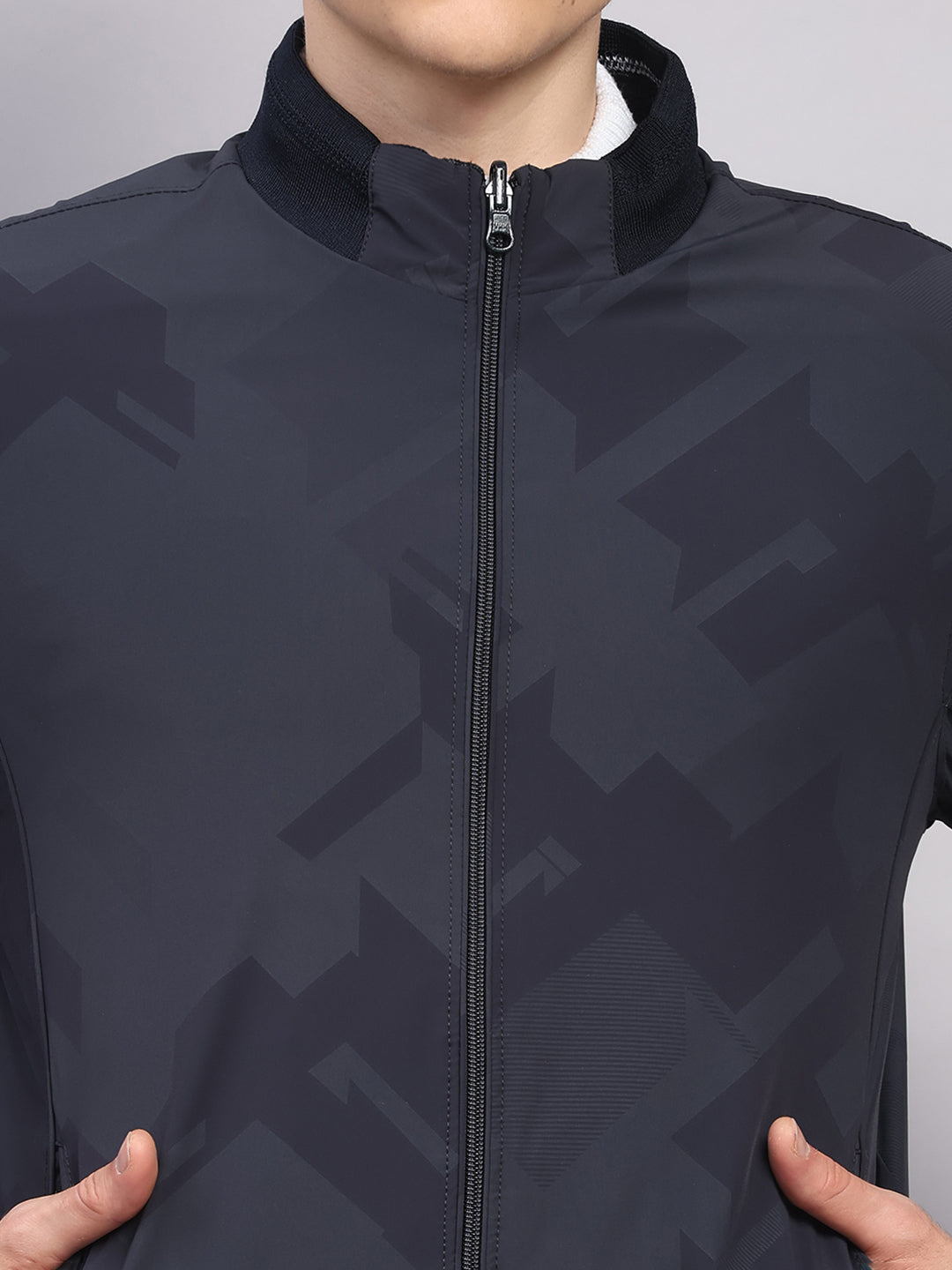 Men Navy Blue Solid Collar Full Sleeve Reversible Jacket