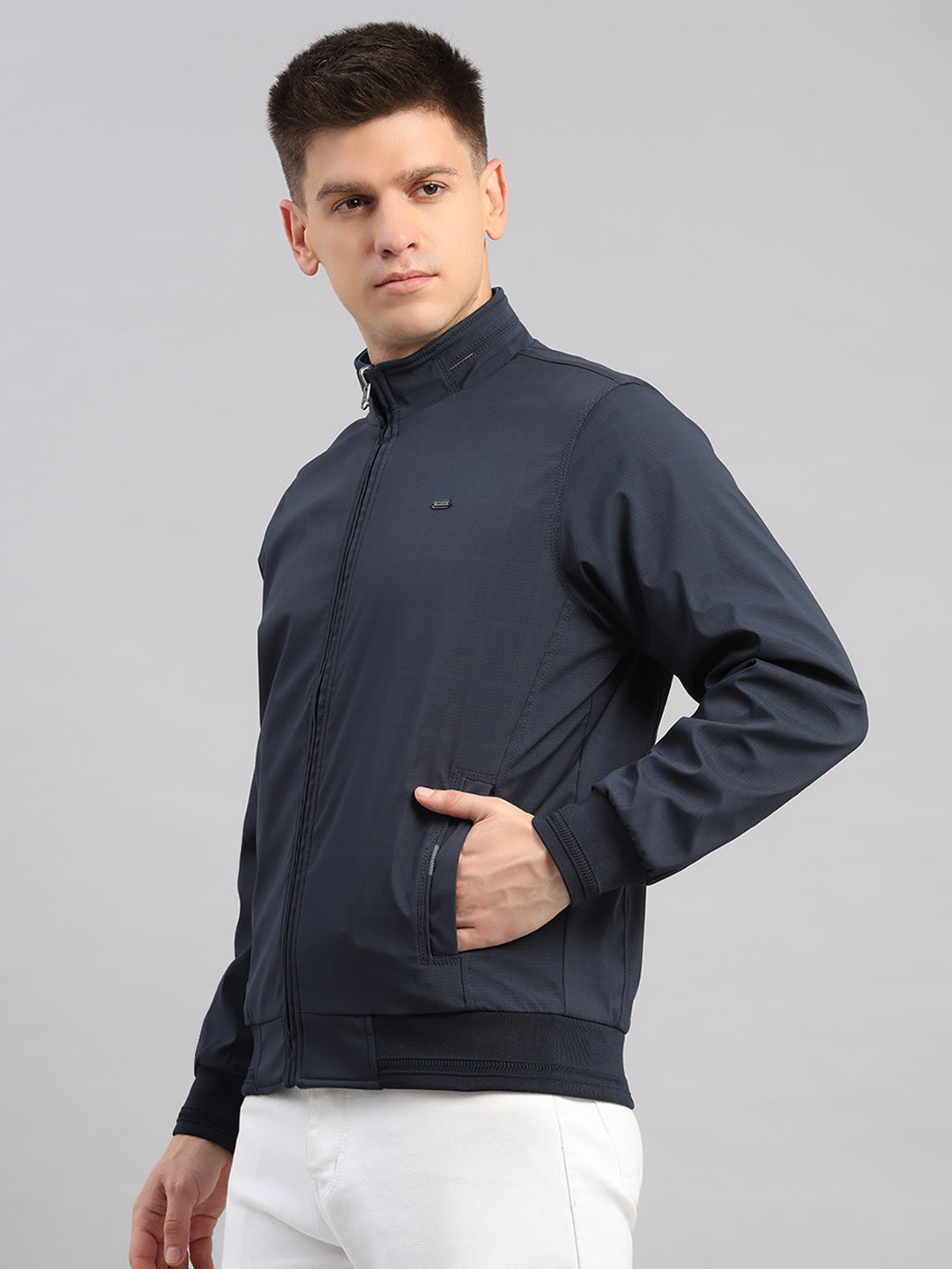 Men Navy Blue Solid Collar Full Sleeve Reversible Jacket