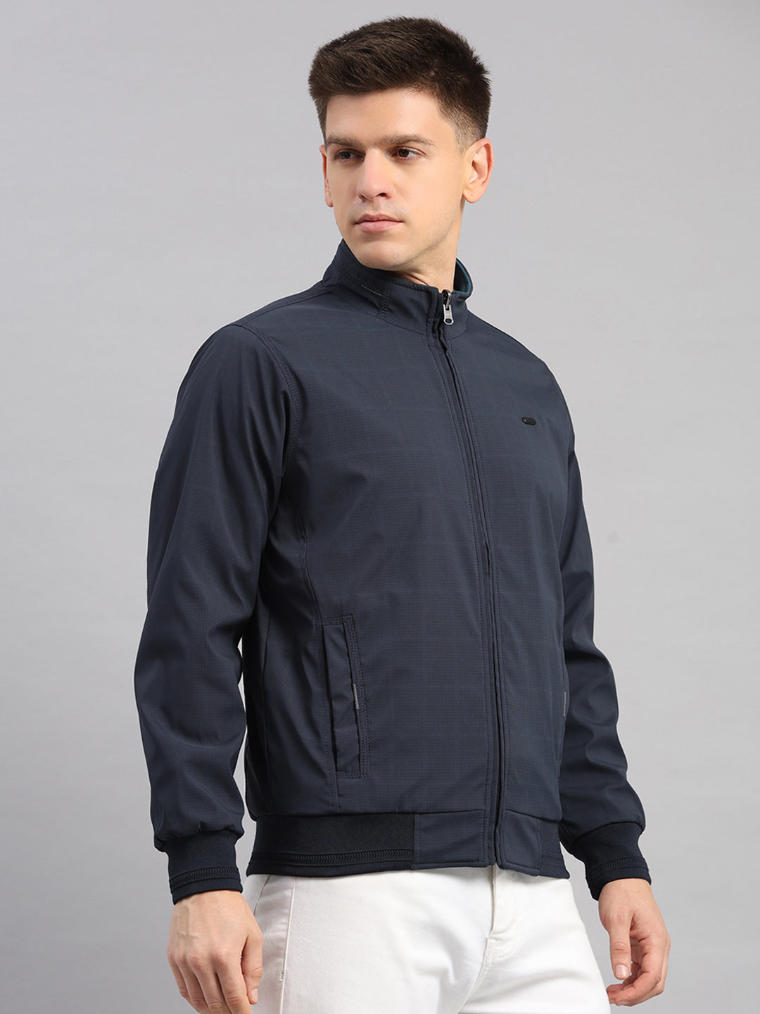 Men Navy Blue Solid Collar Full Sleeve Reversible Jacket