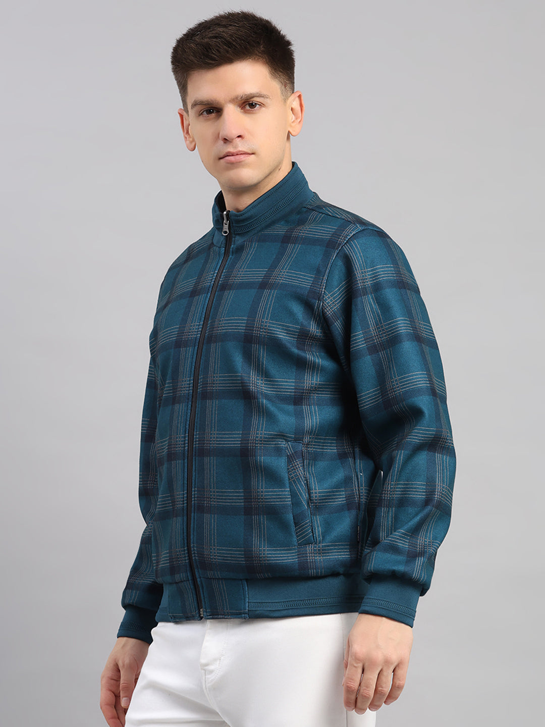 Men Navy Blue Solid Collar Full Sleeve Reversible Jacket