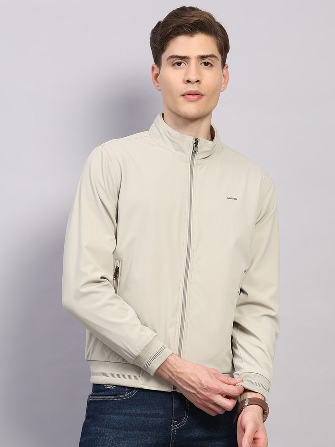 Men Off White Solid Collar Full Sleeve Reversible Jacket