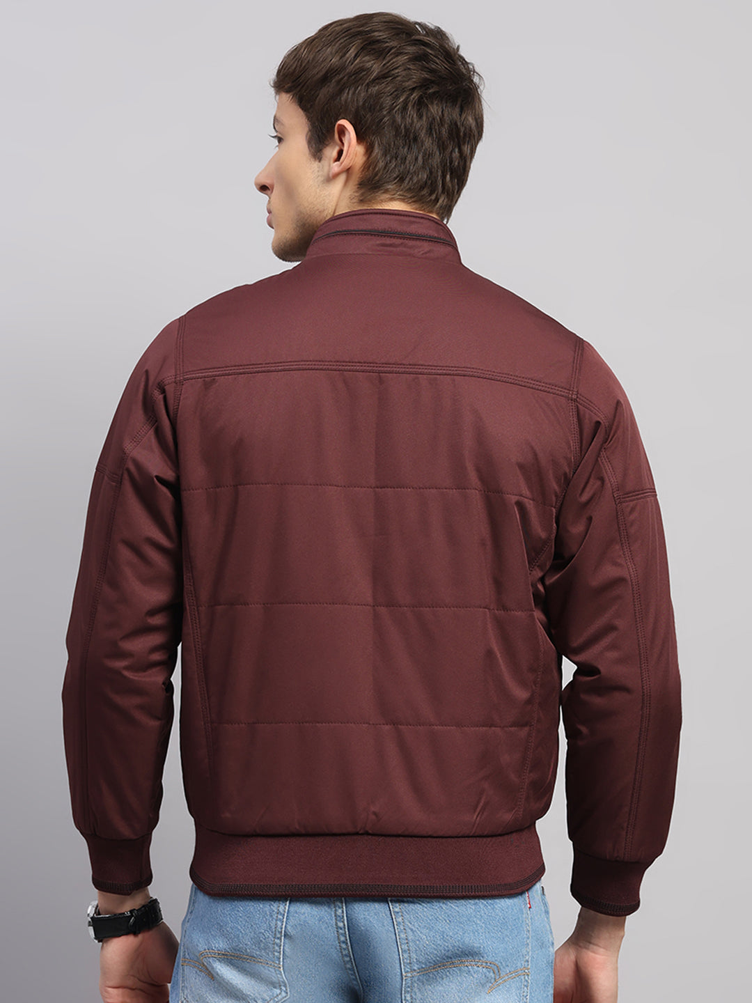 Men Burgundy Solid Collar Full Sleeve Jacket