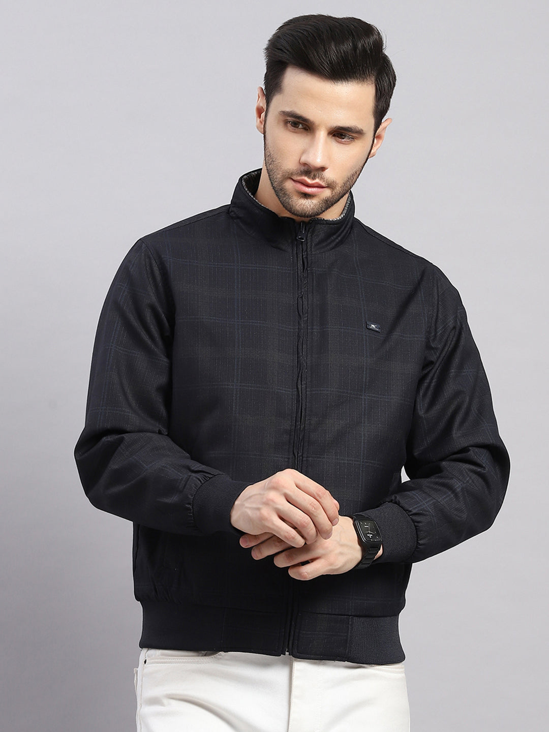 Men Navy Blue Solid Collar Full Sleeve Reversible Jacket