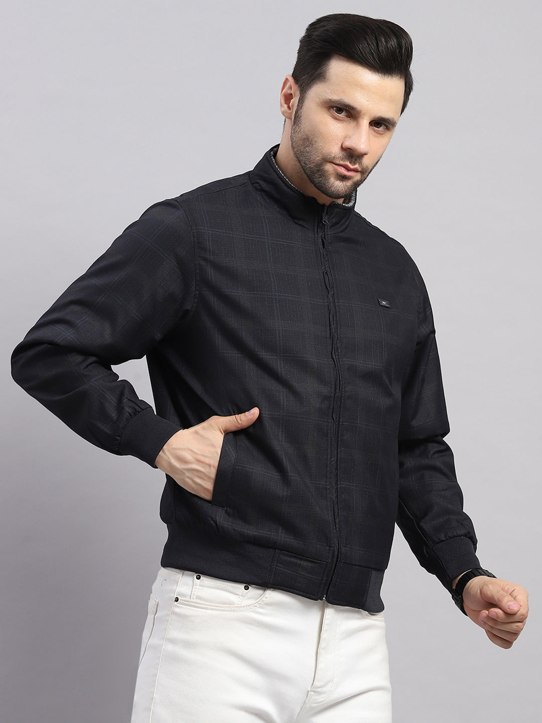 Men Navy Blue Solid Collar Full Sleeve Reversible Jacket