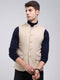 Men Beige Solid Band Neck Sleeveless Jacket