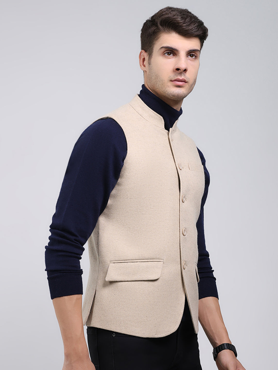 Men Beige Solid Band Neck Sleeveless Jacket