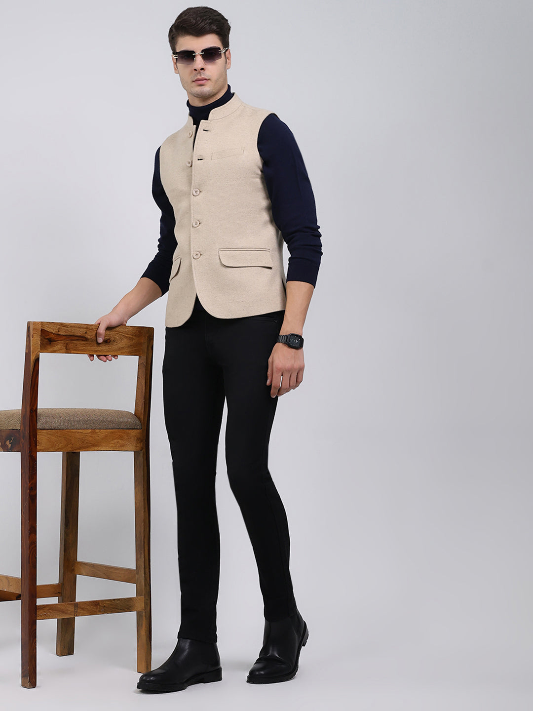 Men Beige Solid Band Neck Sleeveless Jacket