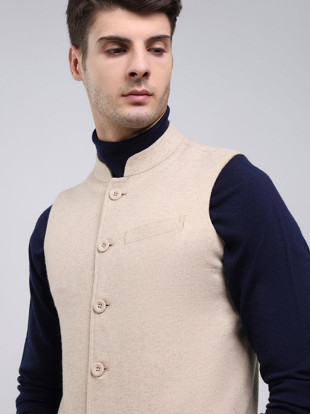 Men Beige Solid Band Neck Sleeveless Jacket