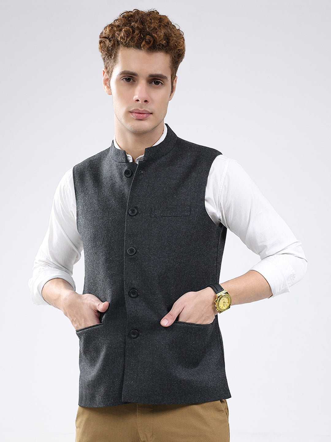 Men Charcoal Solid Band Neck Sleeveless Jacket