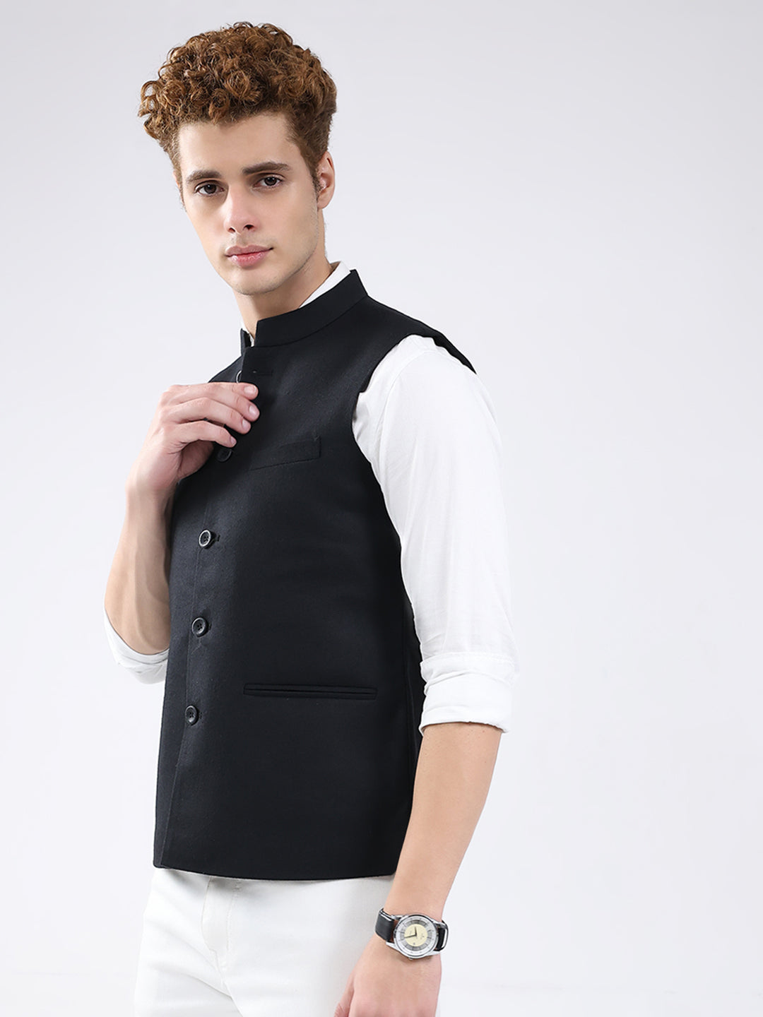 Men Black Solid Band Neck Sleeveless Jacket