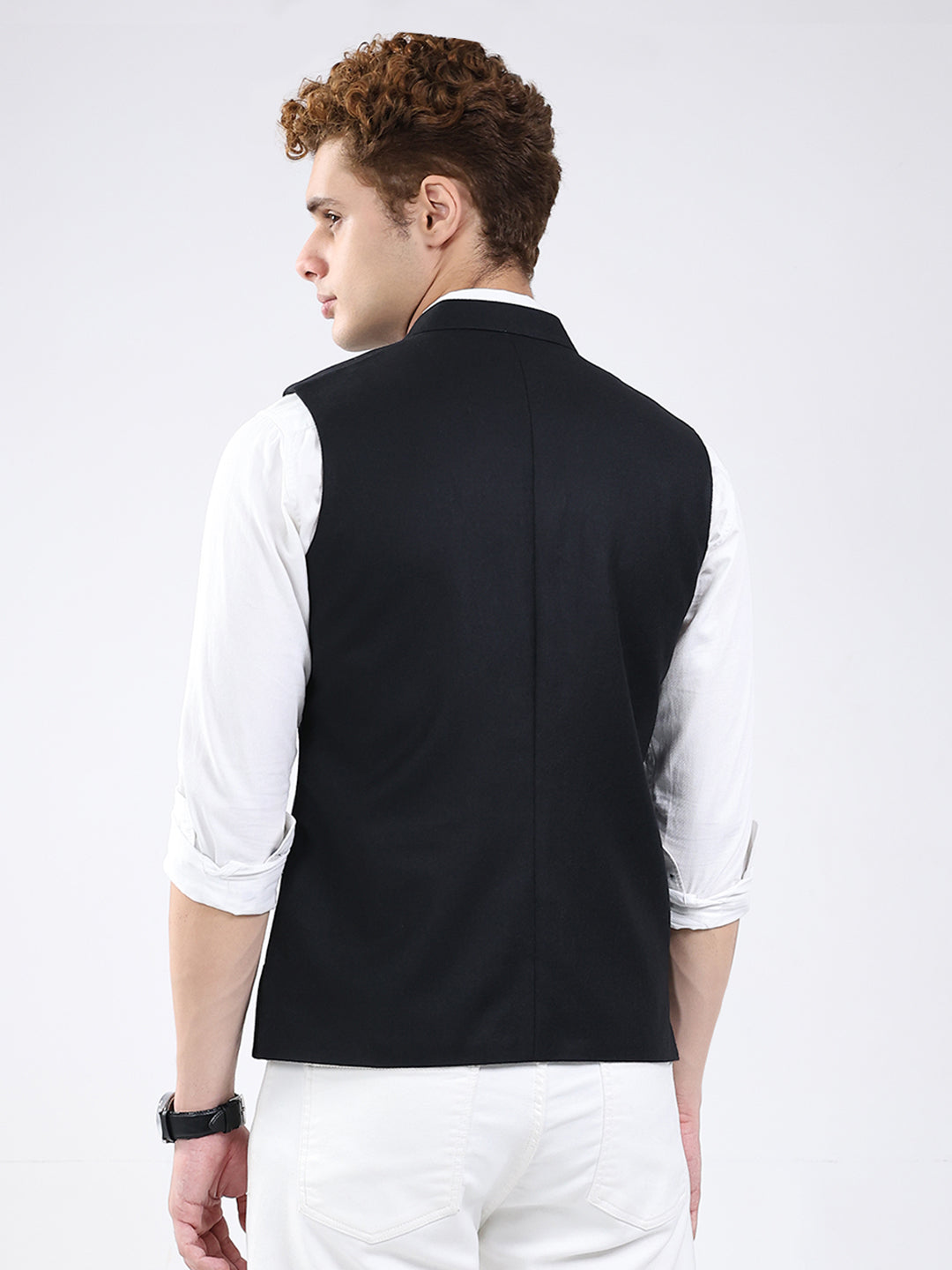 Men Black Solid Band Neck Sleeveless Jacket