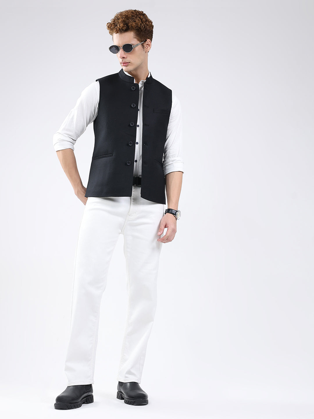 Men Black Solid Band Neck Sleeveless Jacket
