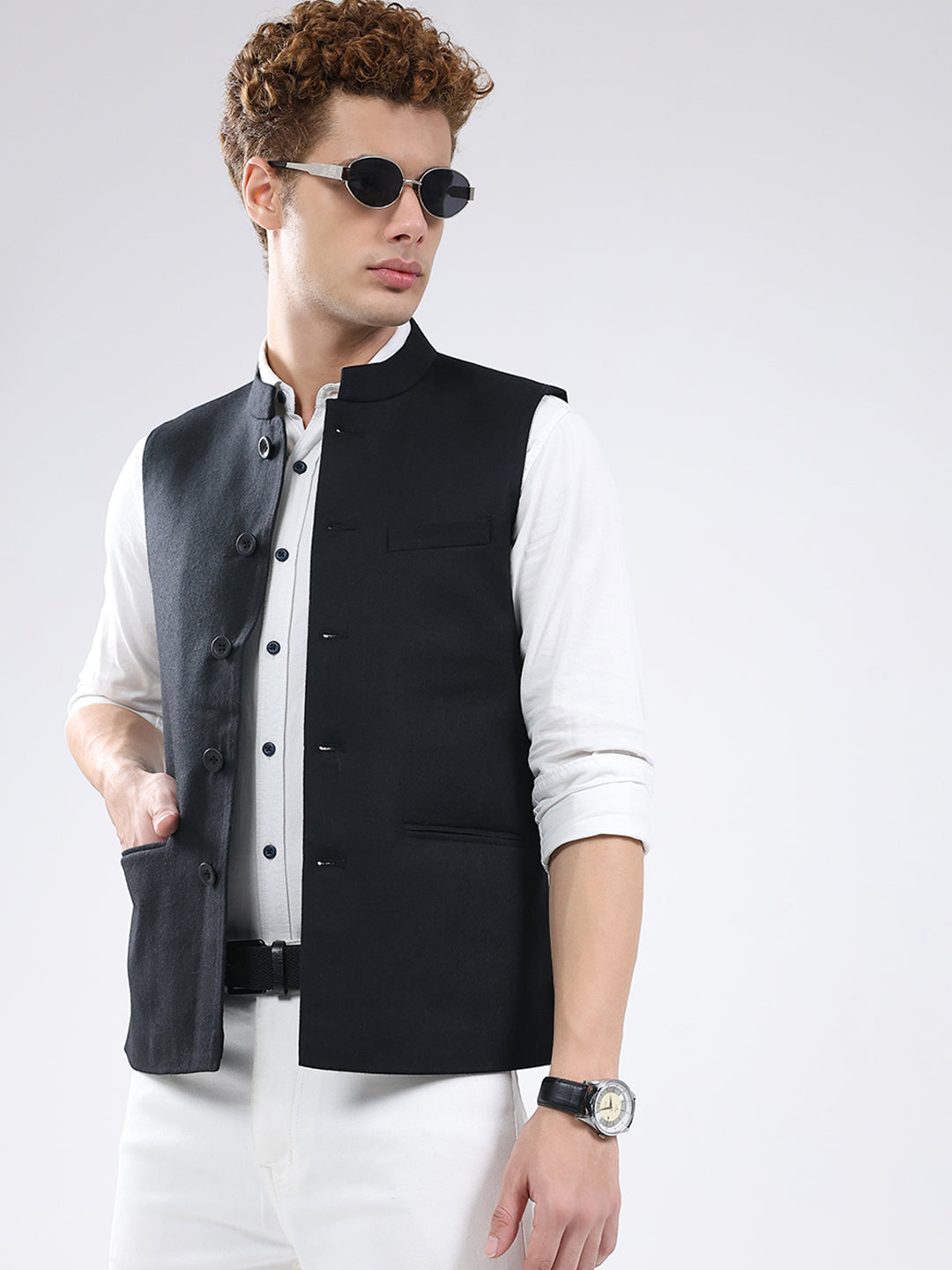 Men Black Solid Band Neck Sleeveless Jacket