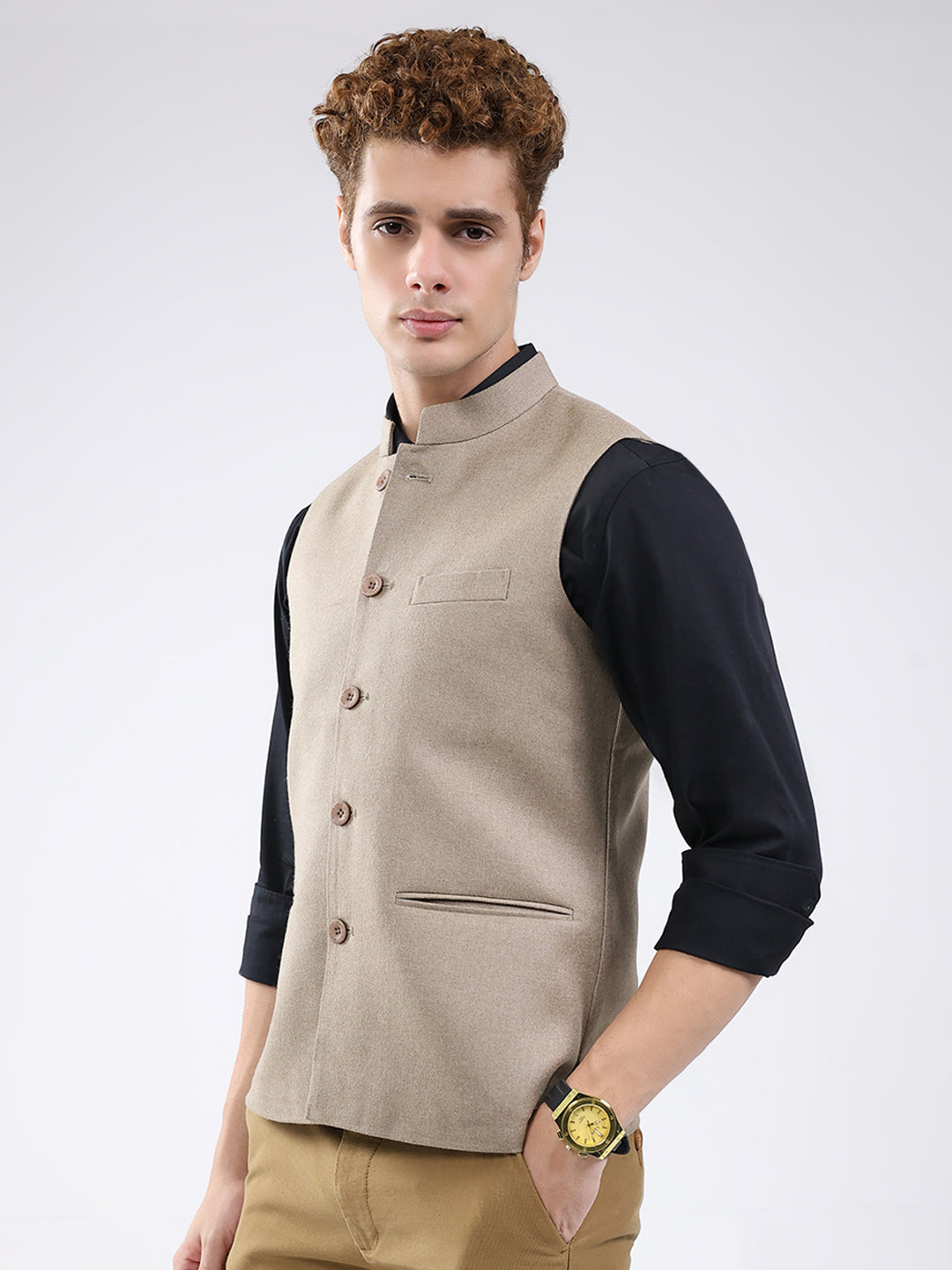 Men Beige Solid Band Neck Sleeveless Jacket