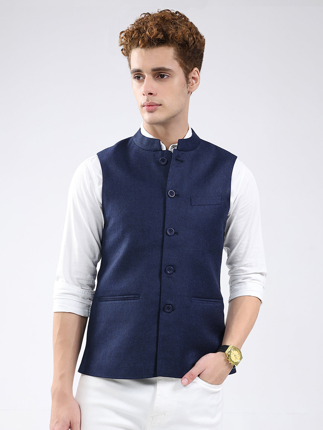 Men Blue Solid Band Neck Sleeveless Jacket
