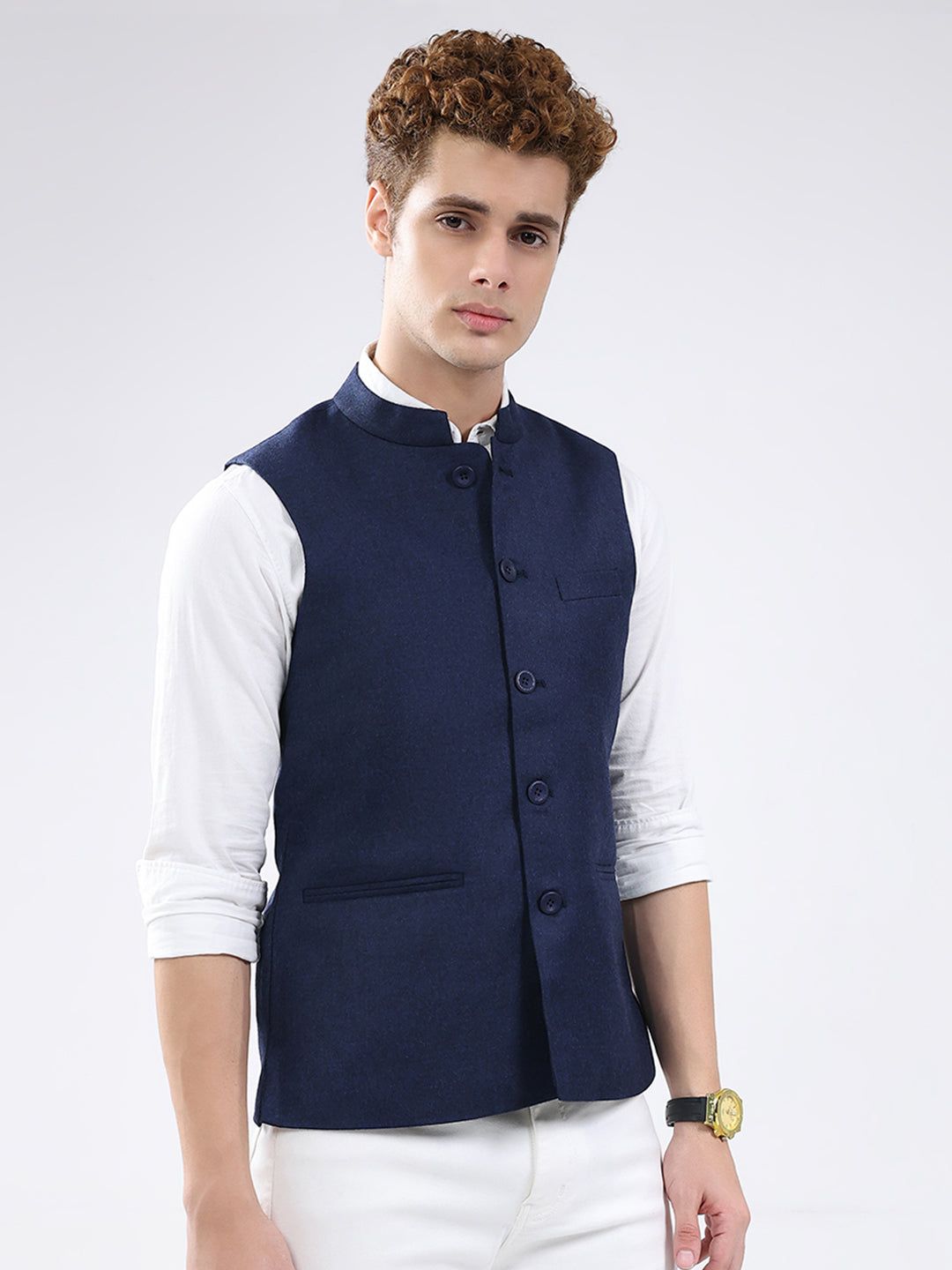 Men Blue Solid Band Neck Sleeveless Jacket