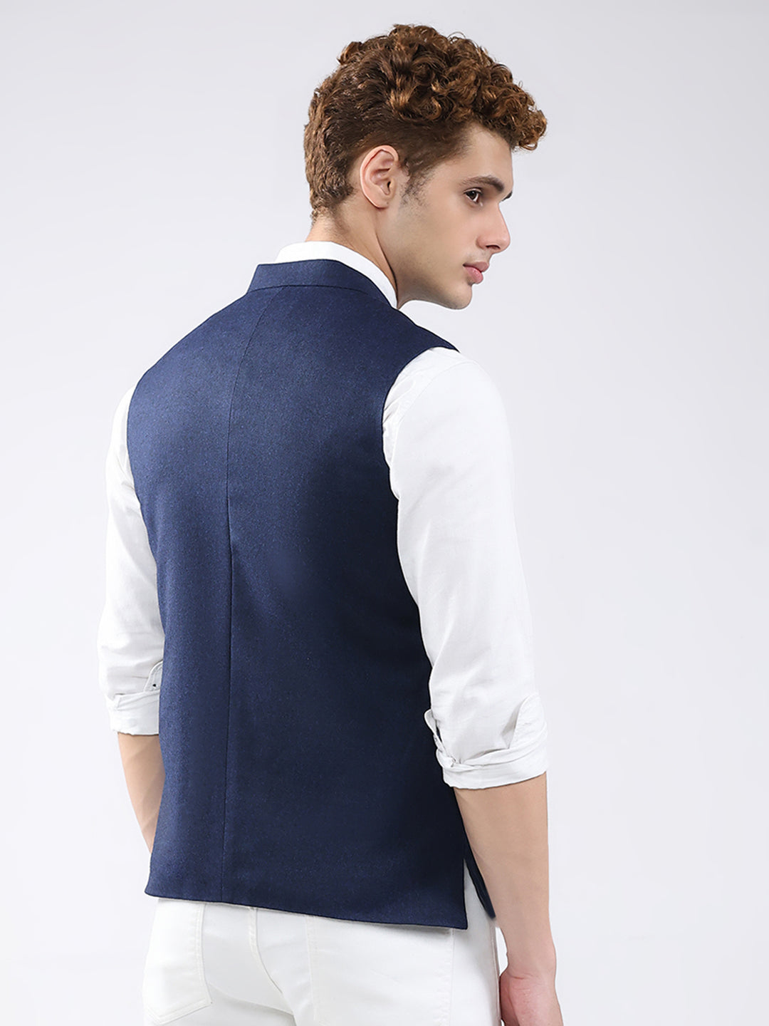 Men Blue Solid Band Neck Sleeveless Jacket