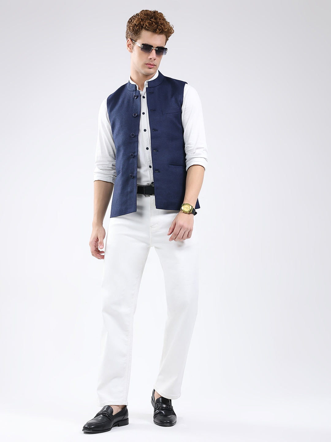 Men Blue Solid Band Neck Sleeveless Jacket