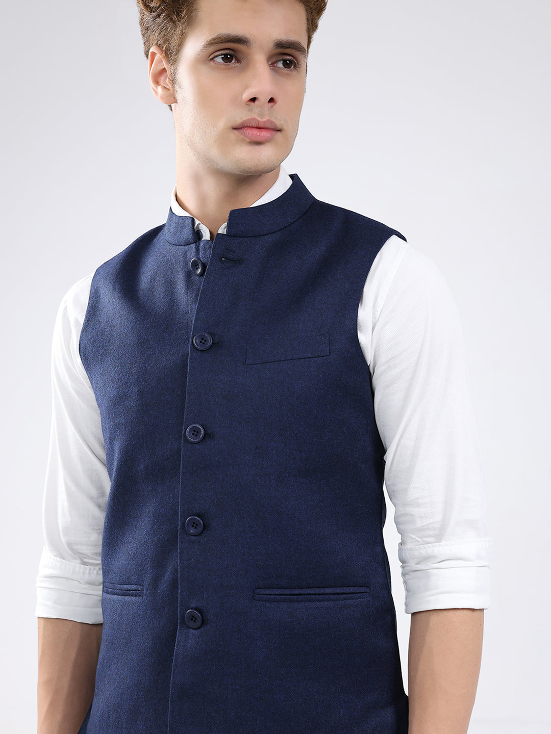 Men Blue Solid Band Neck Sleeveless Jacket