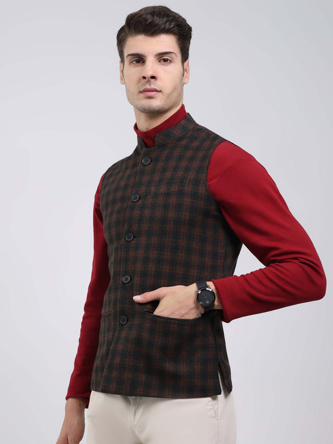 Men Brown Solid Band Neck Sleeveless Jacket