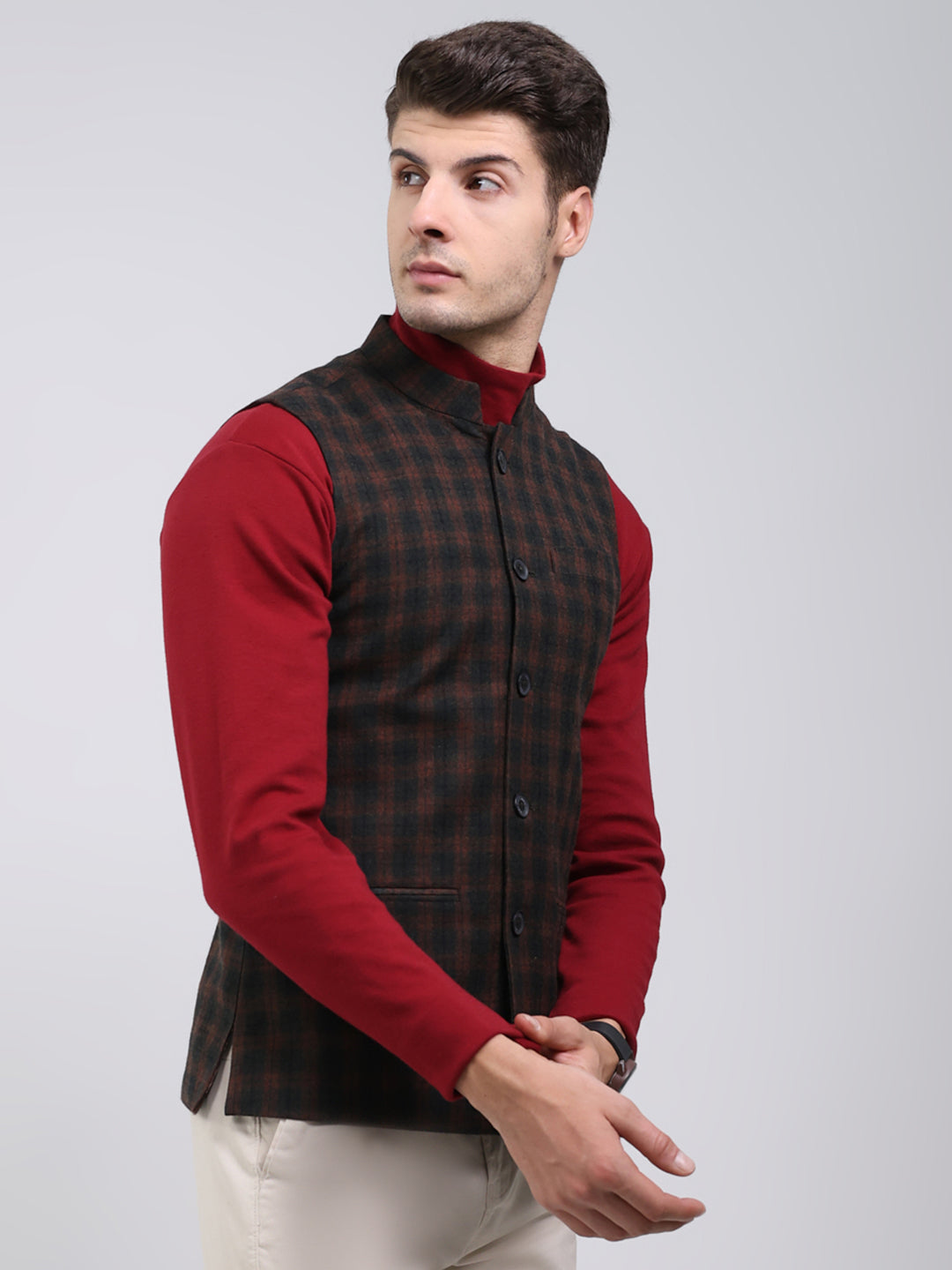 Men Brown Solid Band Neck Sleeveless Jacket