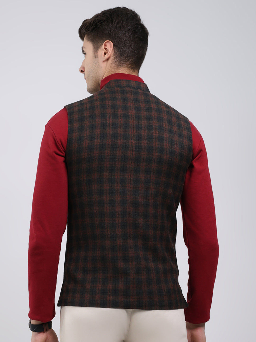 Men Brown Solid Band Neck Sleeveless Jacket