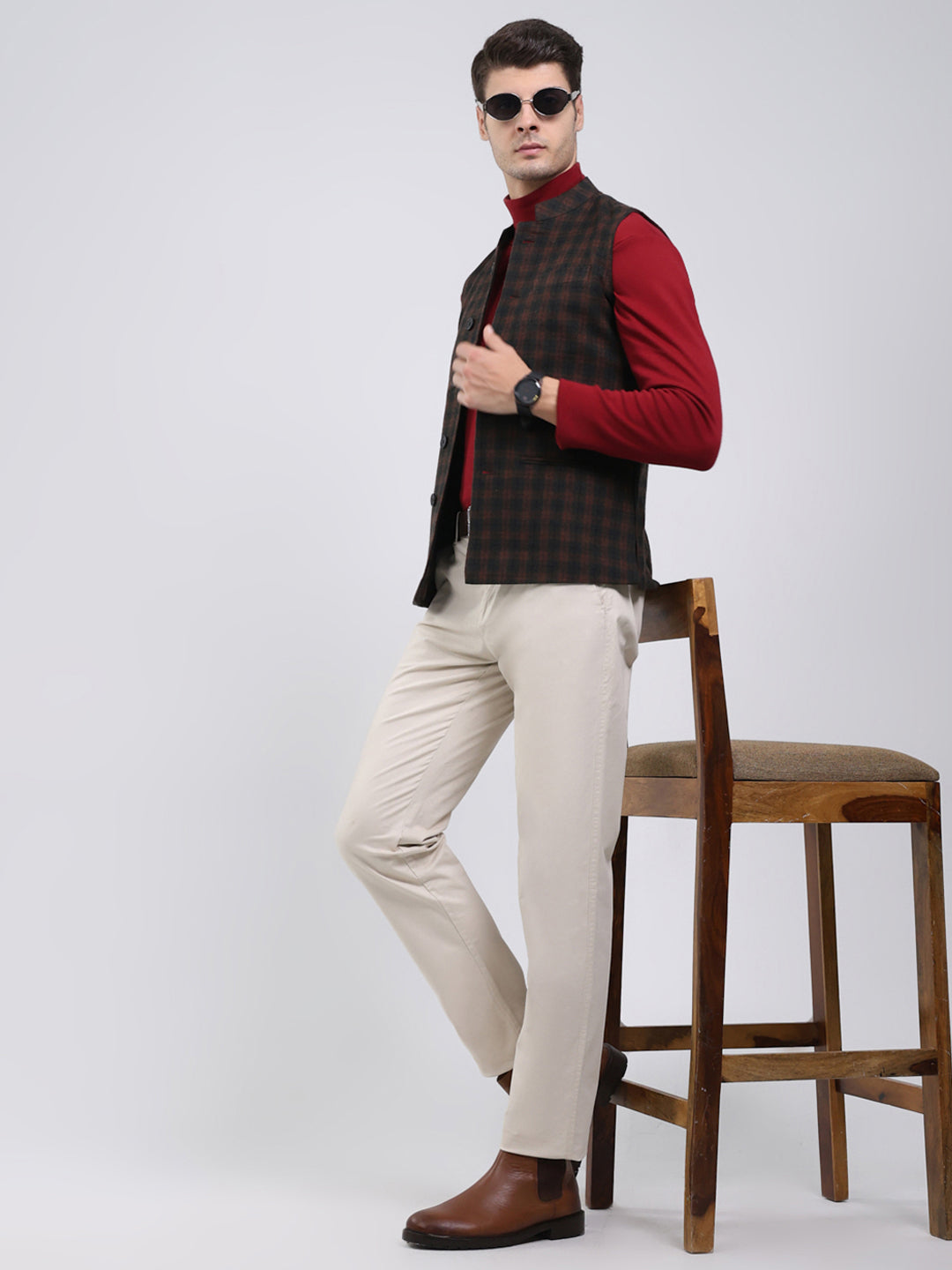 Men Brown Solid Band Neck Sleeveless Jacket